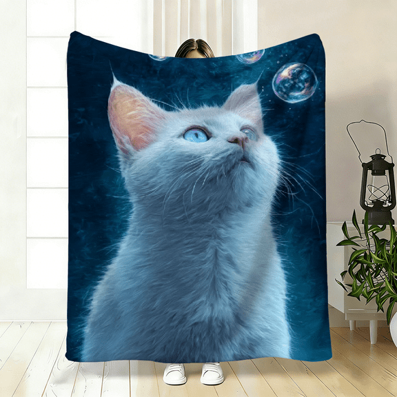 Soft High-Definition Digital Print Cat Theme Blanket Blue Dreamy Cat Eye Design Cooling Blanket All-Season Soft Breathable 100 Polyester Perfect Gift for Family and Friends
