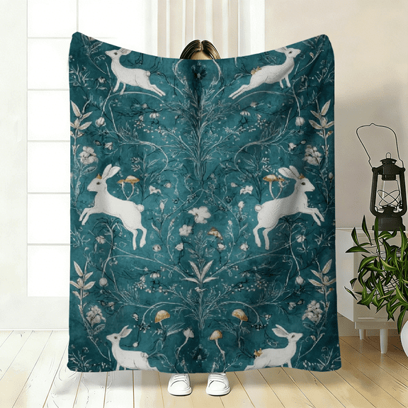 Soft High-Definition Digital Print Forest White Rabbit Theme Flannel Blanket Soft Breathable Polyester All-Season Family and Friends Gift Perfect Gift