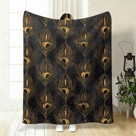 Soft High-Definition Digital Print Peacock Feather Pattern Blanket Black and Golden Cooling Blanket Soft Breathable 100 Polyester Perfect Gift All-Season Family and Friends Gift