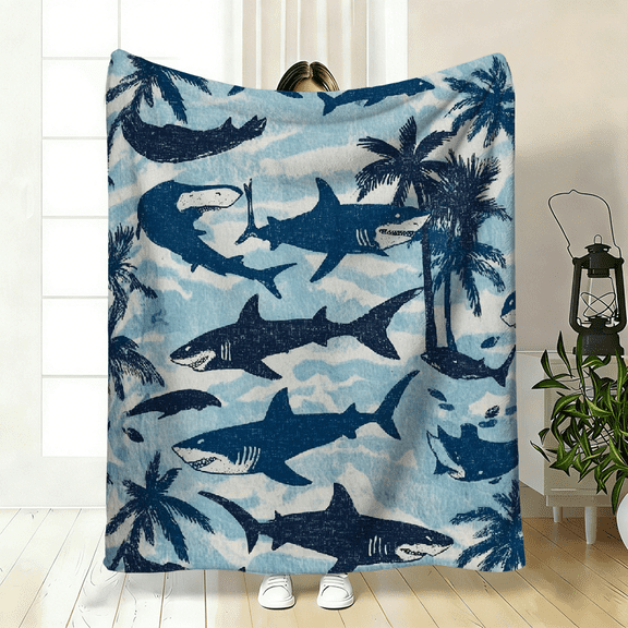 Soft High-Definition Digital Print Shark and Palm Tree Pattern Flannel Blanket Soft Breathable Polyester All-Season Family and Friends Gift Perfect Gift.