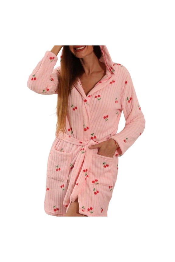 Soft Hooded Robe With Cherry Print Comfort For Home Use Ideal For Lounging And Relaxation
