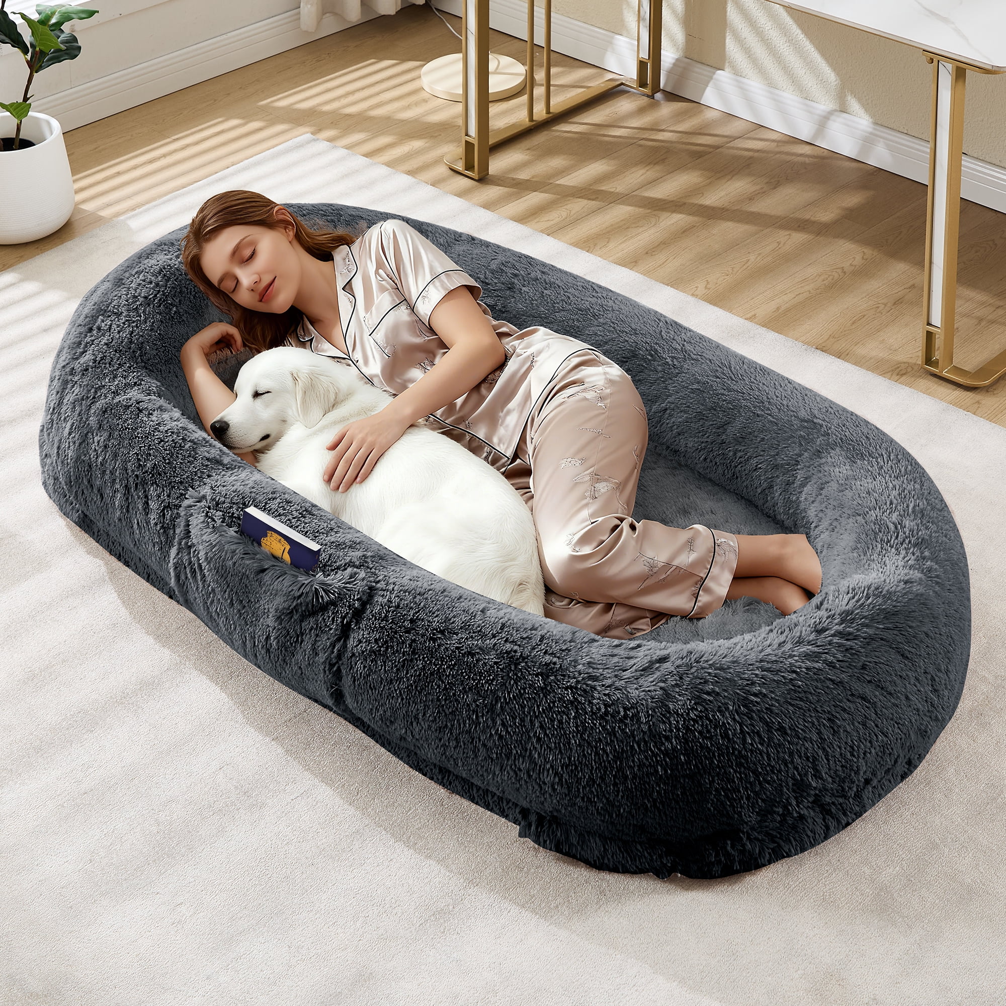 Soft Human Dog Bed for Adults and Pets - Washable Faux Fur, Cozy Large Napping Bed with Side Pocket & Strap, No Assembly Needed - Ideal Relaxing Pet Furniture