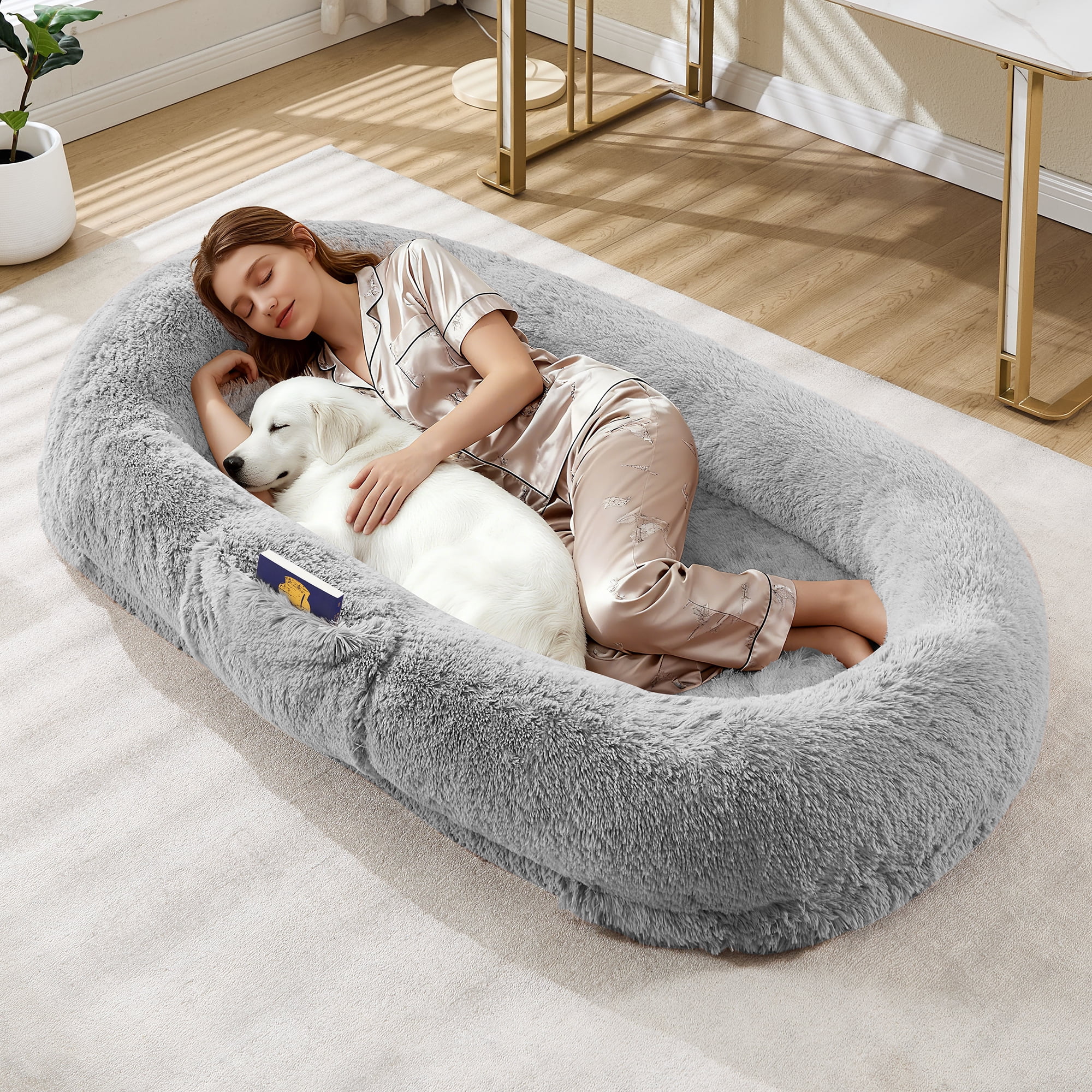 Soft Human Dog Bed for Adults and Pets - Washable Faux Fur, Cozy Large Napping Bed with Side Pocket & Strap, No Assembly Needed - Ideal Relaxing Pet Furniture