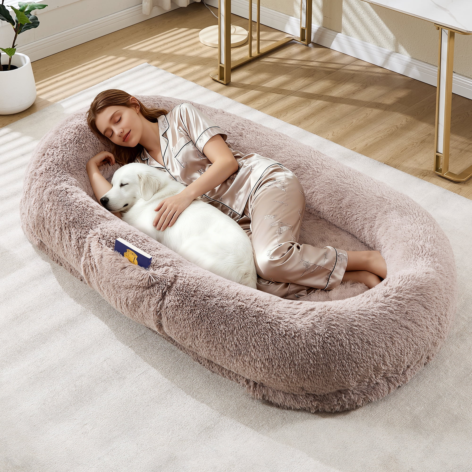 Soft Human Dog Bed for Adults and Pets - Washable Faux Fur, Cozy Large Napping Bed with Side Pocket & Strap, No Assembly Needed - Ideal Relaxing Pet Furniture