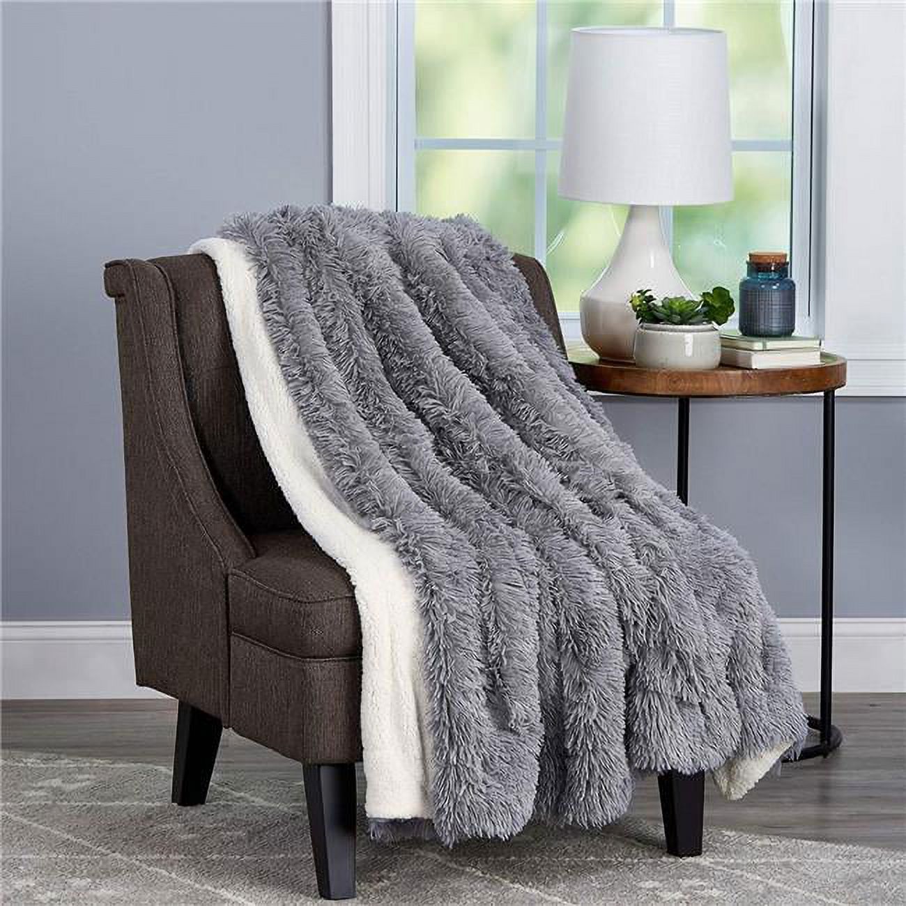 Soft Hypoallergenic Long Pile Faux Rabbit Fur Blanket with Sherpa Back for Couch Bed Throw Luxurious 60 x 70 in. Pewter Walmart