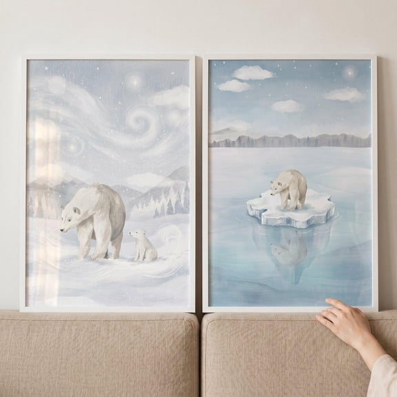Soft Icy Blue Polar Bear Artwork Set of 2 Arctic Nursery Decor Winter Animal Wall Art Baby Boy Room Print Snowy Landscape Illustration Set 2