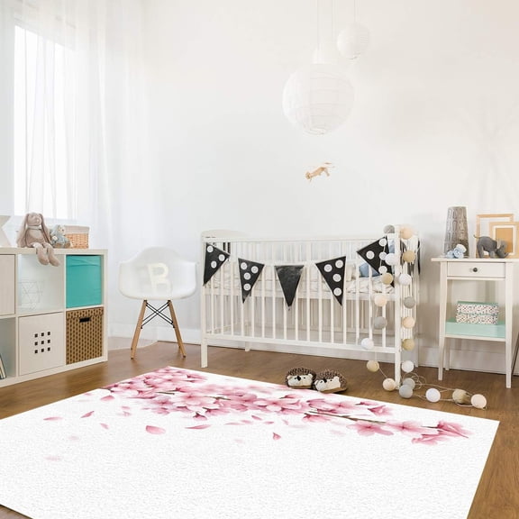 Soft Indoor Large Modern Area Rugs 2x3 Ft Spring Pink Cherry Blossom Illustration Runner Rugs with Rubber Backing for Kitchen Bedroom Living Room Washable Carpet for Pets Kids Game Play Mat