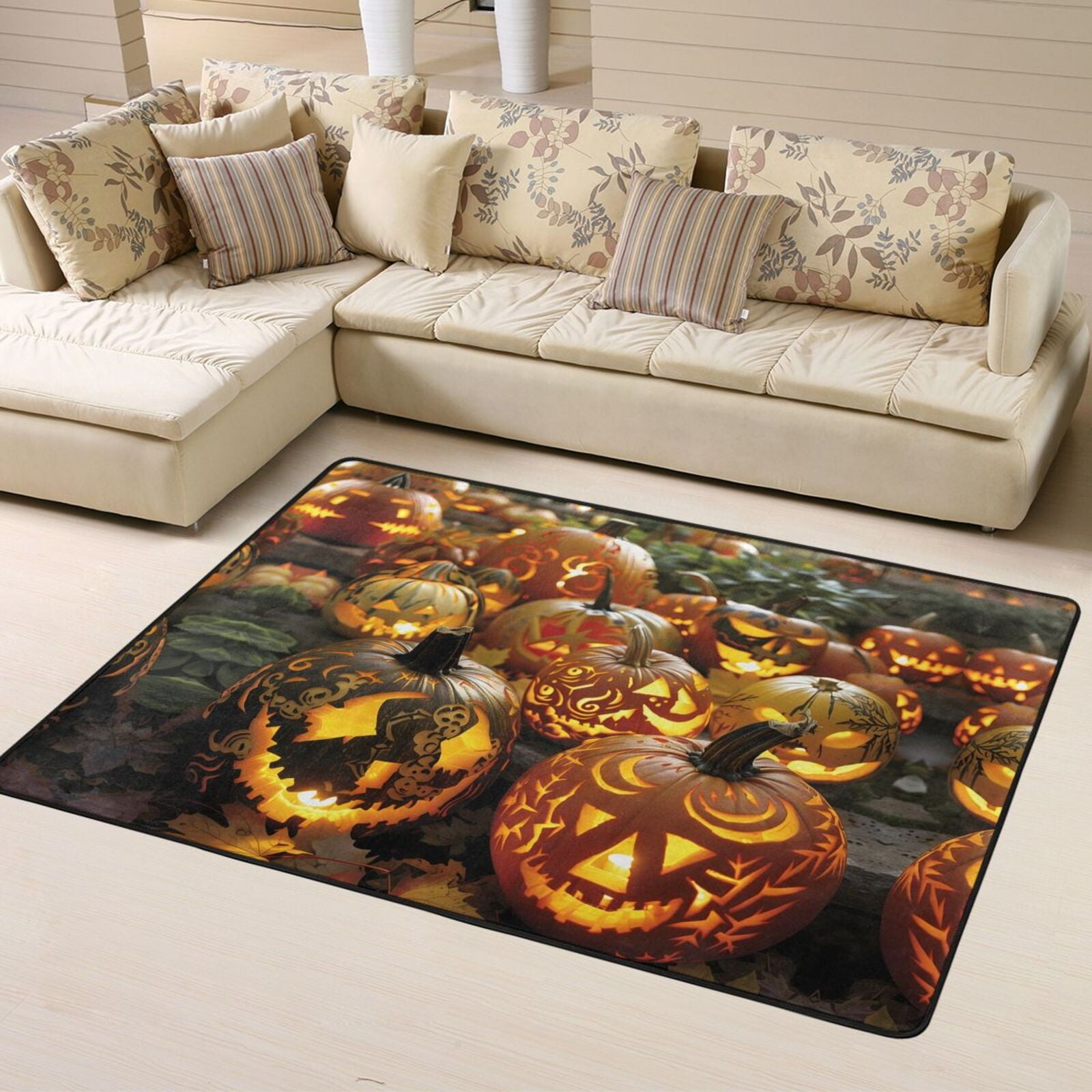 Soft Indoor Outdoor Rug Halloween Carved Pumpkin Art 63*48in Halloween Rugs for Living Room Non ...