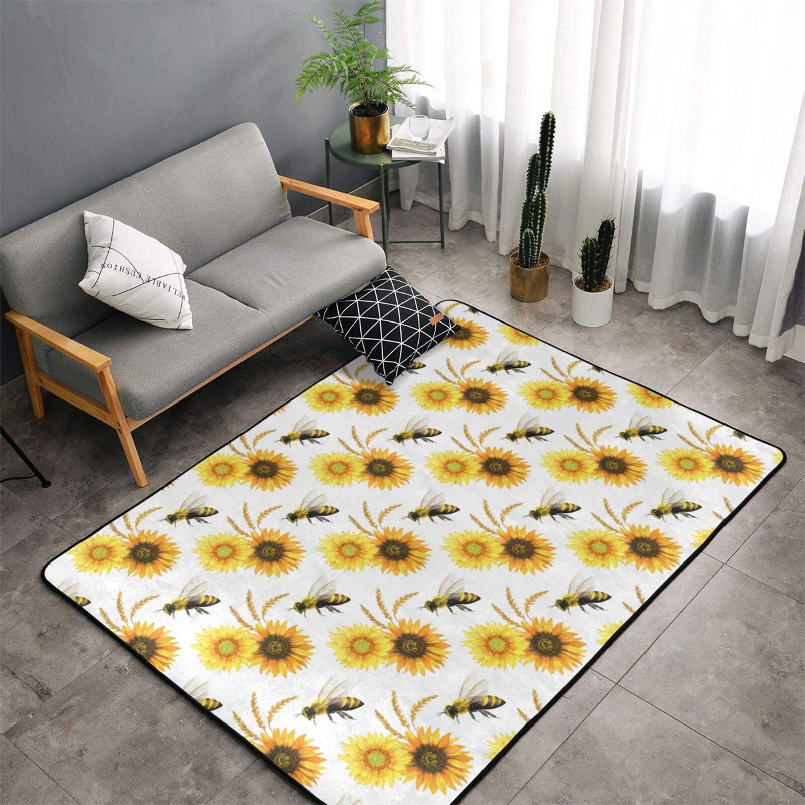 Soft Indoor Outdoor Rug Sunflower cute bee Washable Rugs for Living ...