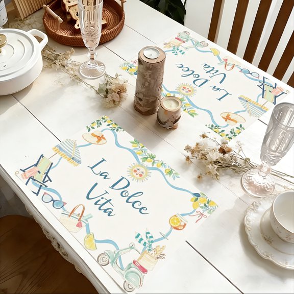 Soft Italian Citrus Script Print Polyester Placemat with "The Sweet Life" Slogan, For Garden Brunch & Photography Flat Lay Prop