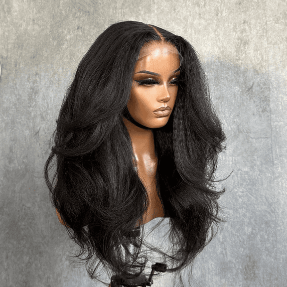 Soft Kinky Yaki Wave Lace Front Wig,Long 28 inches, Black, Heat Resistant Synthetic Hair, Glueless, Preplucked, Daily Wear (Black Color, 28Inches)