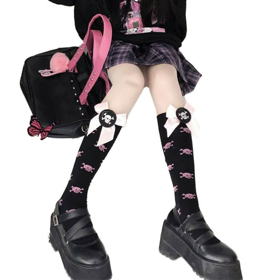 Soft Knee High Socks Lovely Cute Skull Bow Socks Sweet Japanese Stockings Breathable Calf Socks for Women Girls