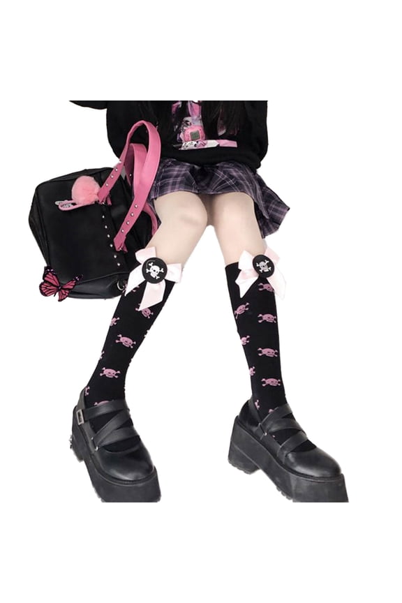 Soft Knee High Socks Lovely Cute Skull Bow Socks Sweet Japanese Stockings Breathable Calf Socks for Women Girls
