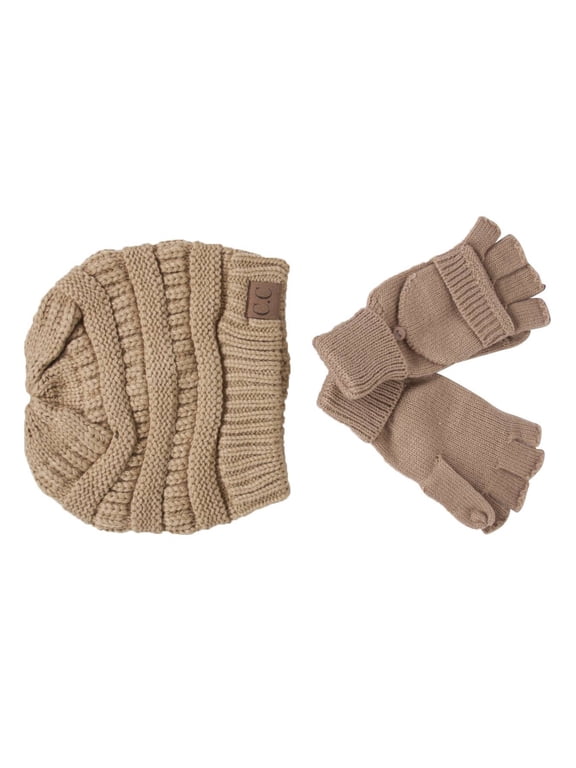 Soft Knit Beanie and Fingerless Mitten Gloves Set - Caramel