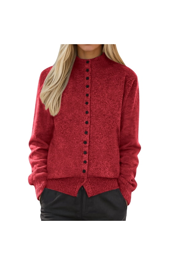 Soft Knit Cardigans for Women Sweaters Button Down Jacket Casual Long Sleeve Crew Neck Solid Fall Knitwear Clothes (L, Red)