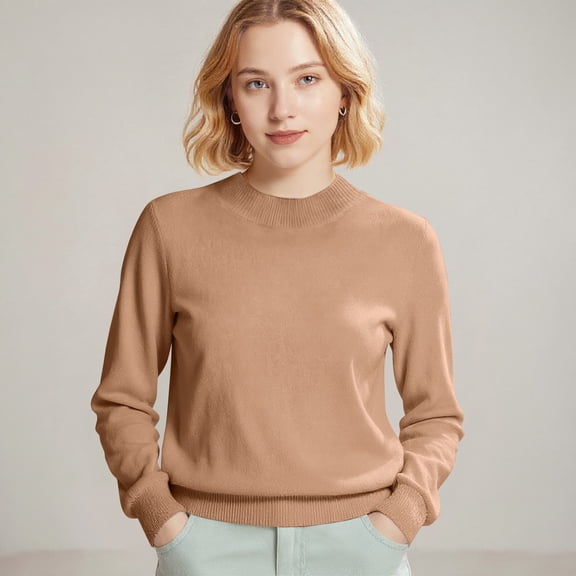 Soft Knit Sweater for Womens Crew Neck Long Sleeve Casual Basic Pullover Sweater Tops Camel L