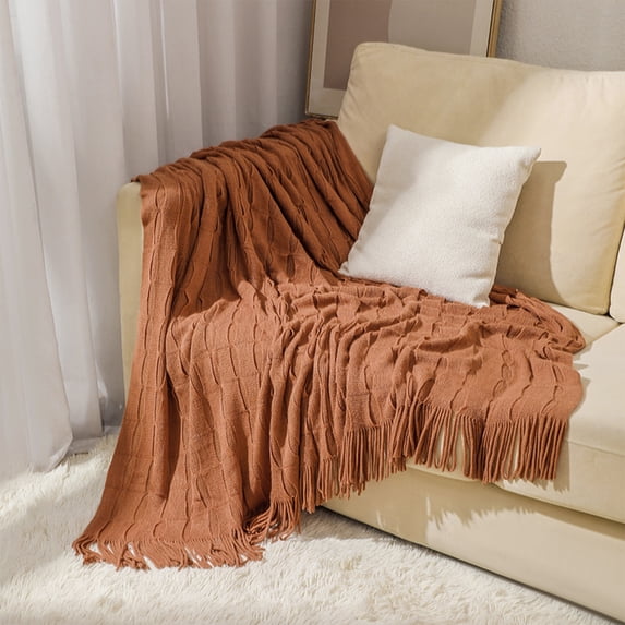 Soft Knitted Blanket with Fringe - Cozy Sofa & Sleeping Throw, 176x127cm, Flannel Fleece, Machine Washable, for All Seasons - Green, White, Gray, Khaki, Yellow, Coffee