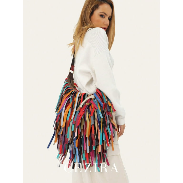 Soft Lambskin Leather Multicolour Patchwork Bags Tote Crossbody Shoulder Bag Top Handle Handbag Purse Tassel Fringe for Women Lady Multi Color Tassel Walmart