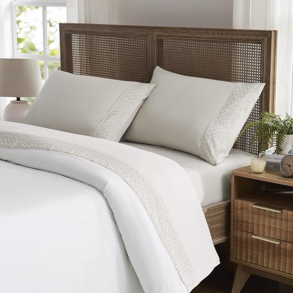 Soft Lattice Eyelet Crochet Lace Embroidery 4 count Sheet Set -Luxurious Microfiber Bed Sheets-Includes Flat Sheet, Fitted Sheet with Deep Pockets&Pillowcases- Dark Beige/