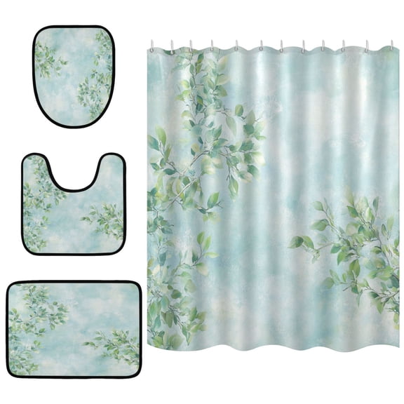 Soft Leafy Background Bathroom Accessory Curtain Sets Bath Curtain Anti-Slip Mats and Toilet Pad 66x72in