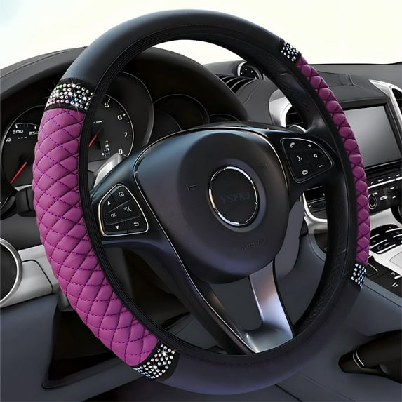 Soft Leather Car Steering Wheel Cover, Universal 15 Inch Colorful Rhinestones Anti-Slip Elastic Steering Wheel Covers for Most Cars, Sparkly Crystal Diamond for Women Girls (Purple)