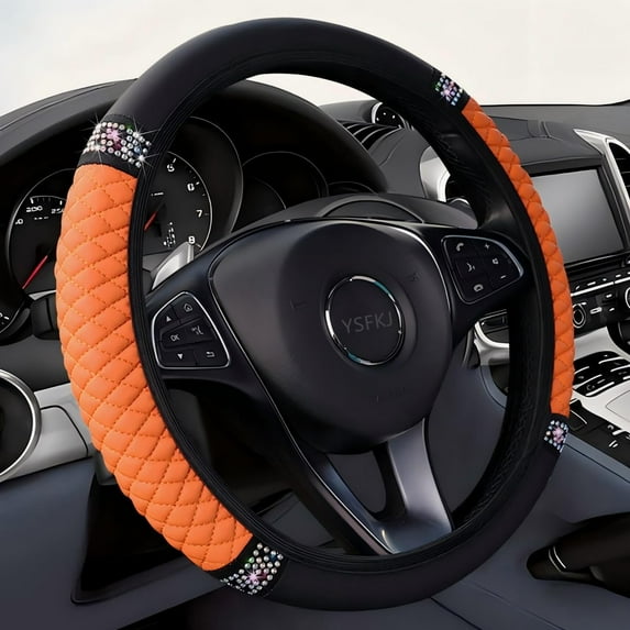 Soft Leather Car Steering Wheel Cover, Universal 15 Inch Colorful Rhinestones Anti-Slip Elastic Steering Wheel Covers for Most Cars, Sparkly Crystal Diamond for Women Girls (Orange)
