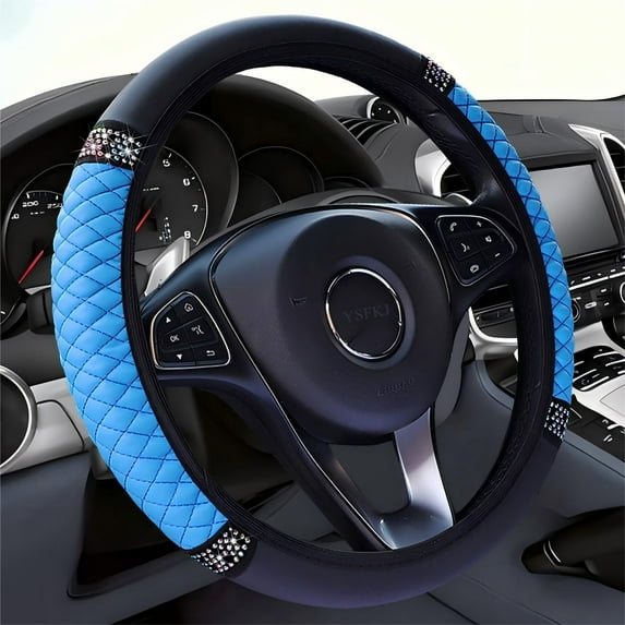 Soft Leather Car Steering Wheel Cover, Universal 15 Inch Colorful Rhinestones Anti-Slip Elastic Steering Wheel Covers for Most Cars, Sparkly Crystal Diamond for Women Girls (Blue)
