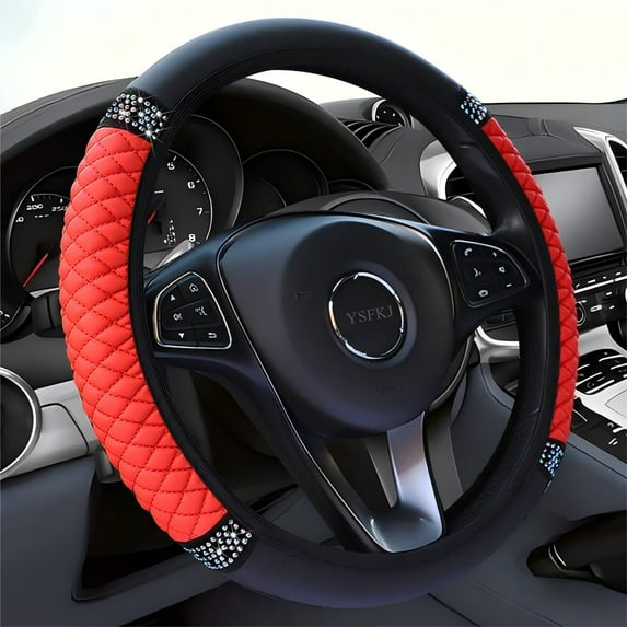 Soft Leather Car Steering Wheel Cover, Universal 15 Inch Colorful Rhinestones Anti-Slip Elastic Steering Wheel Covers for Most Cars, Sparkly Crystal Diamond for Women Girls (Red)