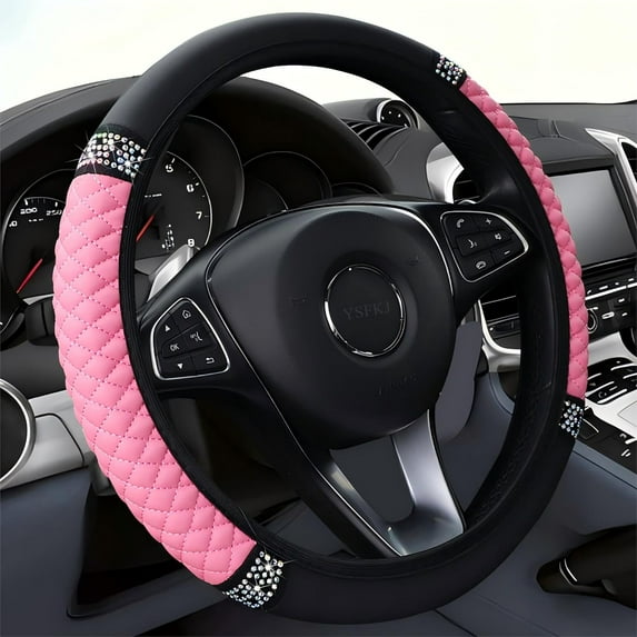 Soft Leather Car Steering Wheel Cover, Universal 15 Inch Colorful Rhinestones Anti-Slip Elastic Steering Wheel Covers for Most Cars, Sparkly Crystal Diamond for Women Girls (Pink)