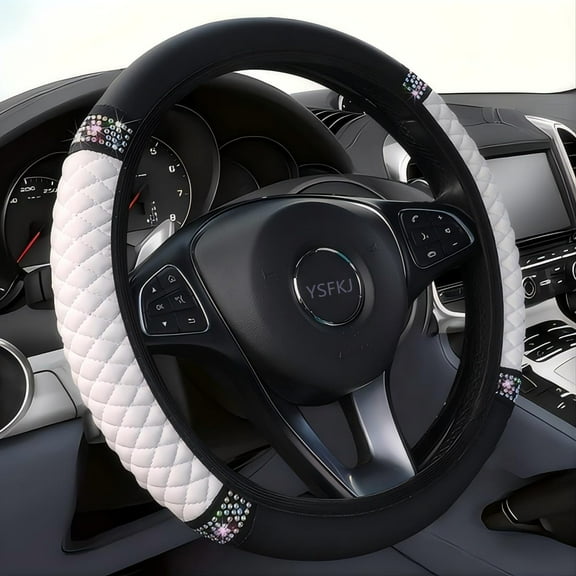Soft Leather Car Steering Wheel Cover, Universal 15 Inch Colorful Rhinestones Anti-Slip Elastic Steering Wheel Covers for Most Cars, Sparkly Crystal Diamond for Women Girls (White)
