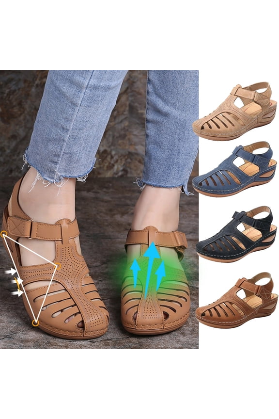 Soft Leather Closed Toe Vintage Anti-Slip Sandals For Women Black qILAKOG Size 8.5