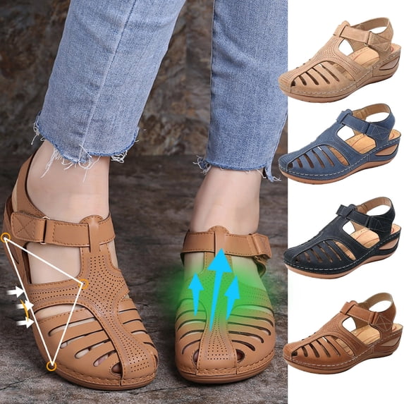 Soft Leather Closed Toe Vintage Anti-Slip Sandals For Women Blue qILAKOG Size 7.5