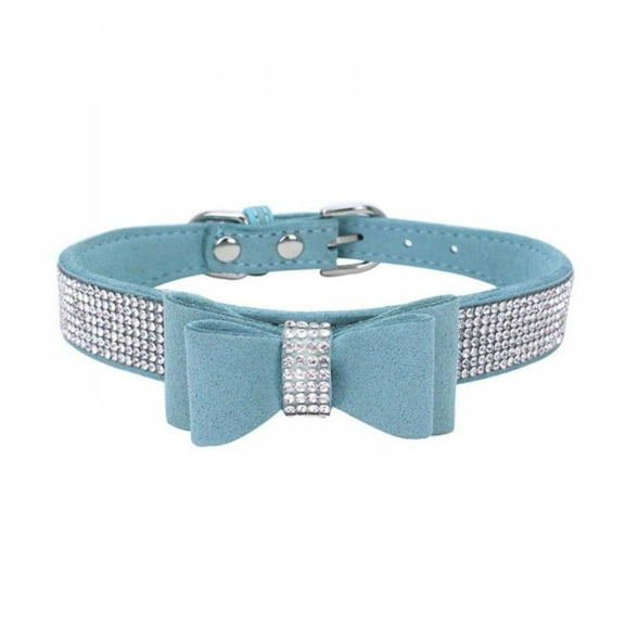 Soft Leather Dog & Cat Collar & Leash Set - Rhinestone Flocking Sparkly Crystal Diamonds Studded - Cute Double Bowknot