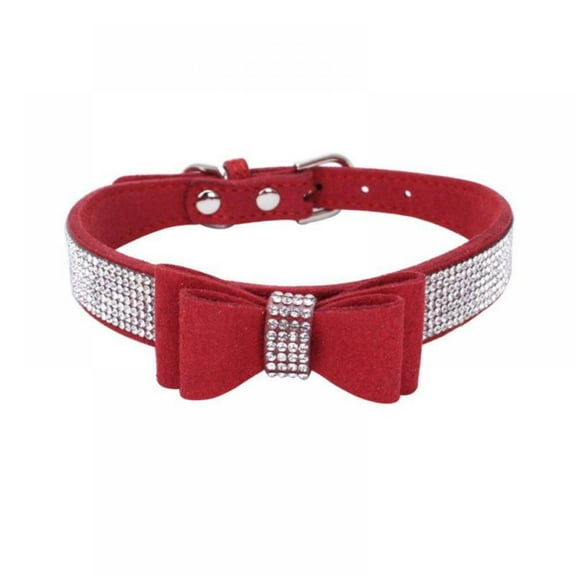 Soft Leather Dog & Cat Collar & Leash Set - Rhinestone Flocking Sparkly Crystal Diamonds Studded - Cute Double Bowknot