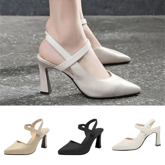 Soft Leather High Heels Pointed Toe Versatile Thick Heel Straight Strap Sandals Black qILAKOG Size 7