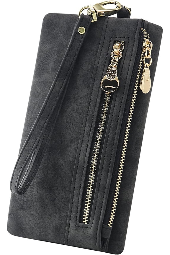 Soft Leather Long Wallet Wristlet with hand Strap Clutch Bag for Women Card holder Phone Bag (Black)