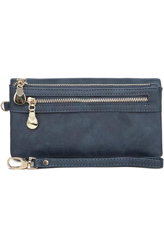 Soft Leather Long Wallet Wristlet with hand Strap Clutch Bag for Women Card holder Phone Bag (Black)