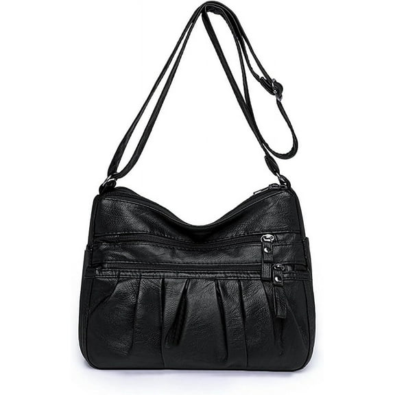 Soft Leather Multi-Pocket Shoulder Bag for Women - Retro Sling Ruched Hobo Tote Bag