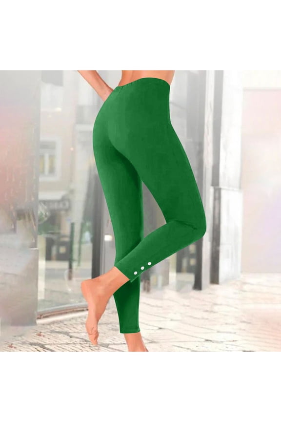 Soft Leggings for Women Summer Stretch High Waist Casual Loungewear Yoga Pants Side Button Workout Tight Leggings Green XXL