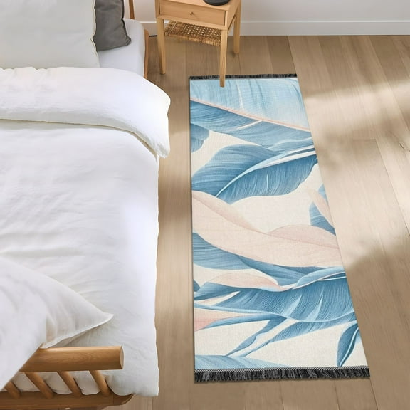 Soft Light Blue Palm Leaf Bedroom Runner Rug 2'x 6' Non Slip Carpet Indoor Home Area Rug Living Room