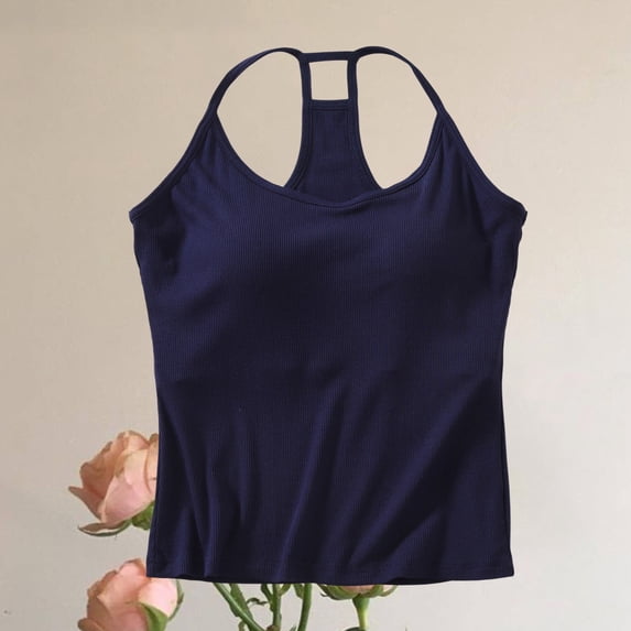 Soft Light Fabric Sleeveless Camisole Tops Women Removable Padding Adjustable Straps Daily Outfit for Daily Activities Wire Free Padded Tank (Navy,M)