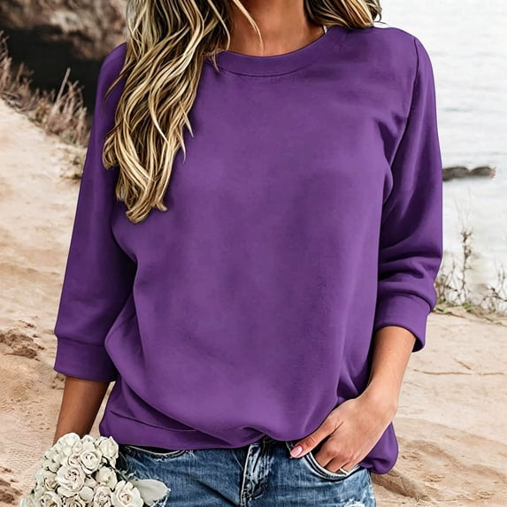 Soft Lightweight Crew Neck Sweatshirts for Women Solid Color Loose Winter Fashionable Casual 3/4 Sleeve Head Sweatshirt Women's Relaxed Fit Basic Pullover Tops for Daily Autumn Outfit