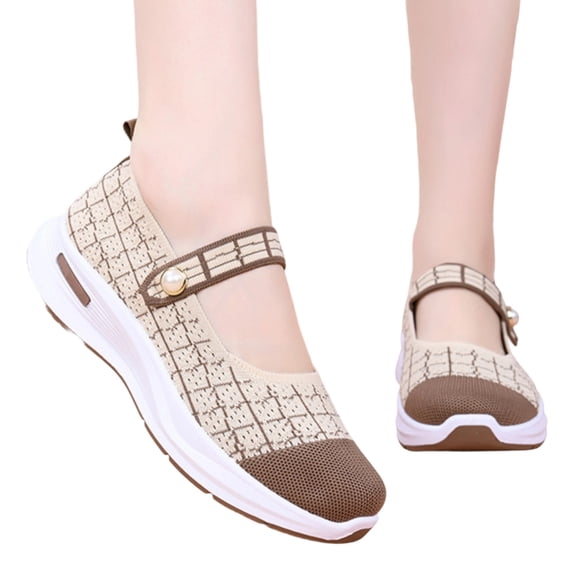 Soft Lightweight Grid Pattern Fly Knit Mary Jane Walking Shoes for Ladies, Breathable Casual Wedge Trainers with Cushioned Arch Support Insole