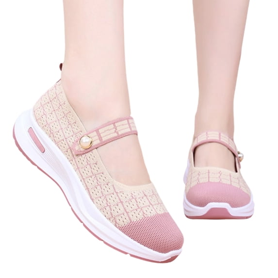 Soft Lightweight Grid Pattern Fly Knit Mary Jane Walking Shoes for Ladies, Breathable Casual Wedge Trainers with Cushioned Arch Support Insole