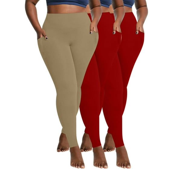 Soft Lightweight Leggings 3-Piece for Women - Yoga Pants, Workout Clothes High Waist Plus Size Leggings with Side Pockets Ladies Jogger Pants Khaki 4XL