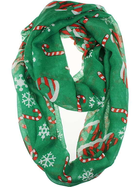 Soft Lightweight Sheer Fall Winter Christmas Infinity Scarf for Women, Cozy holiday Gift for Girls Teens Green Snow Flake and Candy Cane