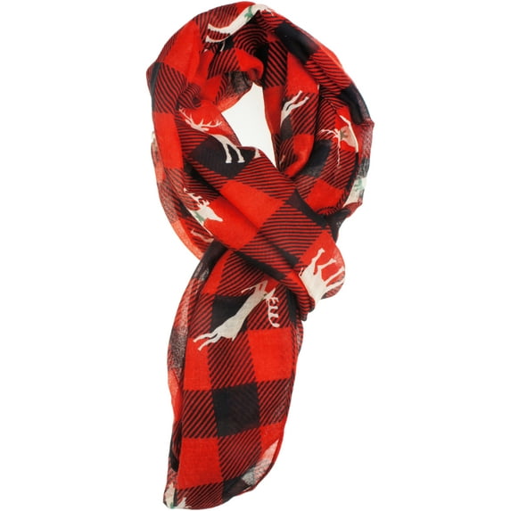 Soft Lightweight Sheer Fall Winter Christmas Infinity Scarf for Women, Cozy holiday Gift for Girls Teens Red Black Buffalo Plaid with Reindeer