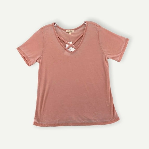 Soft Lightweight T Shirt Criss Cross V Neck Peach Beige Women Large Wear With Shorts Leggings Jeans Yoga pants Skirts