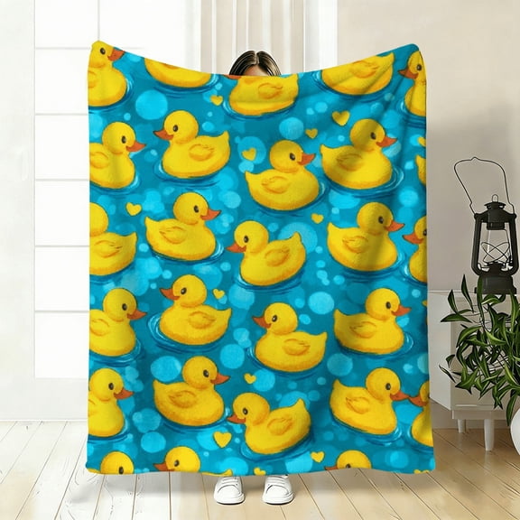 Soft, Lightweight, and Warm Yellow Duck pattern Flannel Throw Blanket Vibrant Cartoon Duck Design on Blue with White Polka Dots Perfect for Sofa, Bed, Camping, and All Seasons Machine Washable.