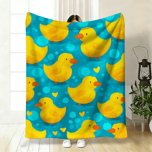 Soft, Lightweight, and Warm Yellow Duck Flannel Throw Blanket Vibrant Cartoon Duck Design on Blue with White Polka Dots Perfect for Sofa, Bed.